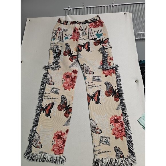 Guapi Pants Womens Sz 32 Waist  12/14 Elastic  Fringe Edge Floral Eiffel Paris - Picture 7 of 7